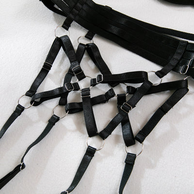 Mesh Garter Lingerie Set - Cross Straps And Ring Details
