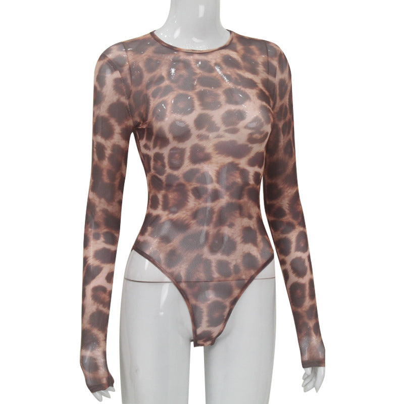 Leopard Print Mesh Bodysuit - Long Sleeve Sheer Crew Neck Snap Closure