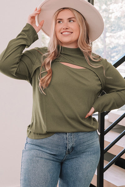 Green Plus Size Ribbed Mock Neck Peek-A-Boo Cut Out Top