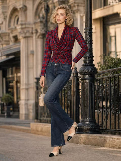 Red Plaid Cowl Neck Top - Long Sleeves and Shaped Waist