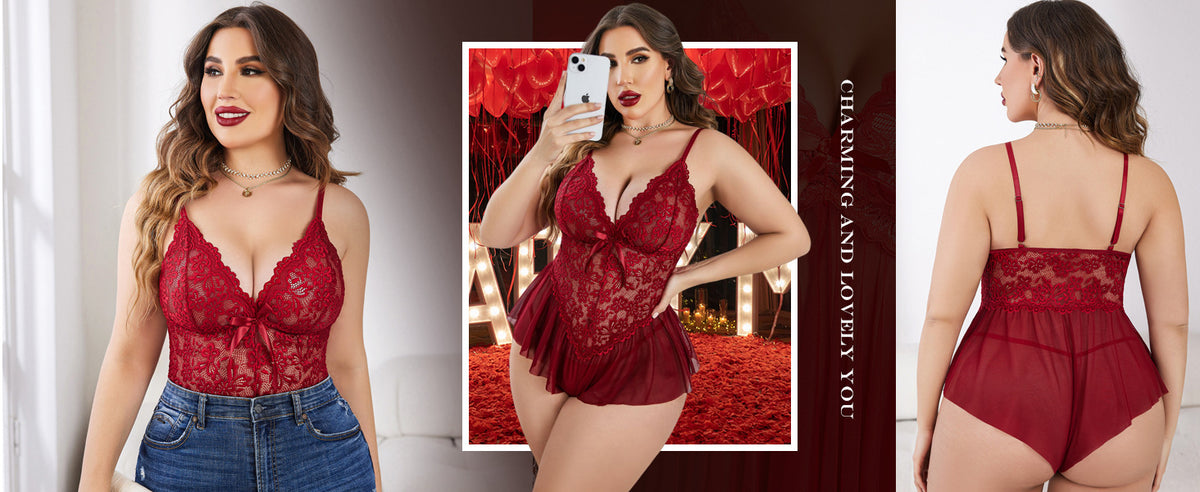 Plus Size Lace Lingerie Romper - Deep V-Neck Ruffle Hem