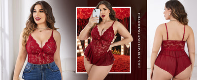 Plus Size Lace Lingerie Romper - Deep V-Neck Ruffle Hem