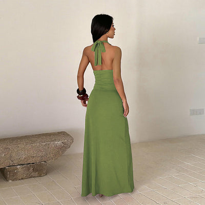 Women’s halter-neck slit dress, green, open back halter straps, floor-length