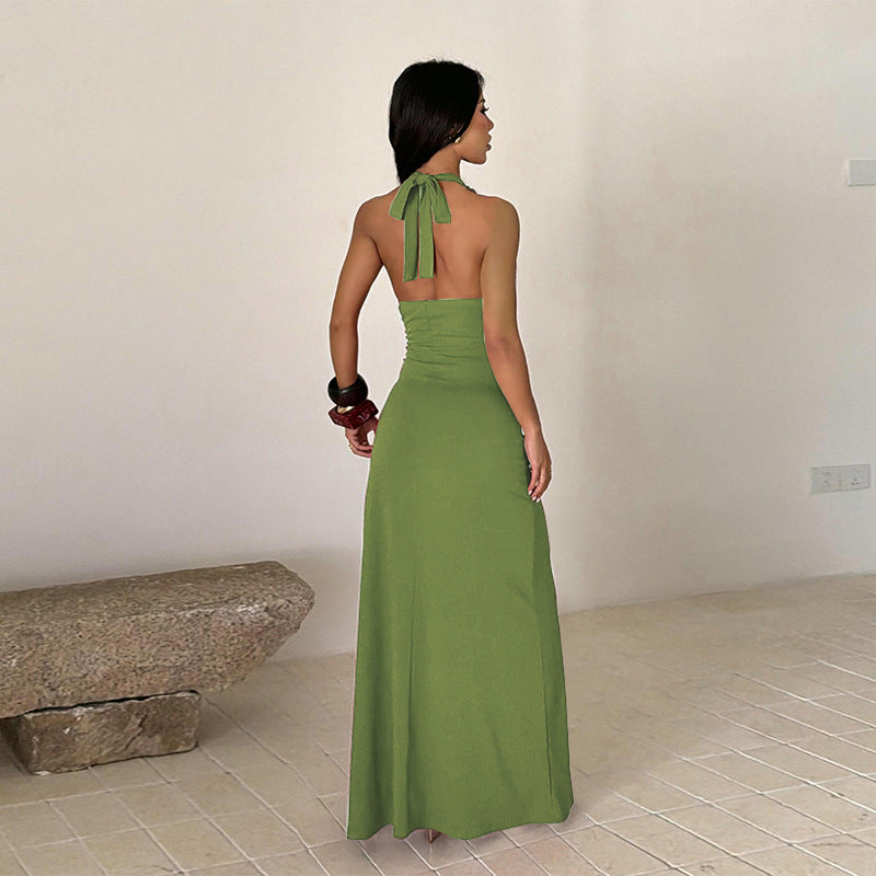 Women’s halter-neck slit dress, green, open back halter straps, floor-length