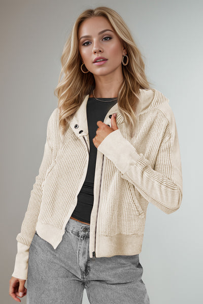 Double Take Waffle-Knit Zip Up Long Sleeve Hooded Jacket - Fashions Envy