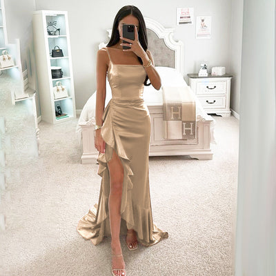 Satin Ruffle Hem Maxi Dress - Spaghetti Strap Asymmetric Slit Gown