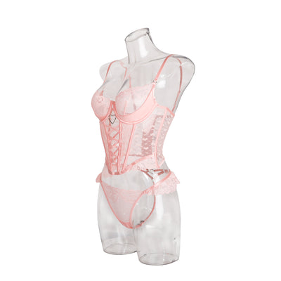 Lace Pink Lingerie Set - Heart Ring Corset and Thong