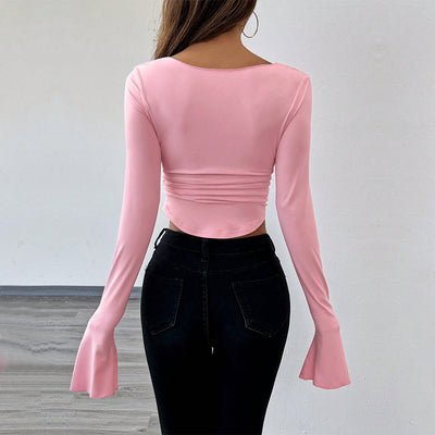 Pink Horn Sleeve Crop Top - Deep U Neck Slim Fit