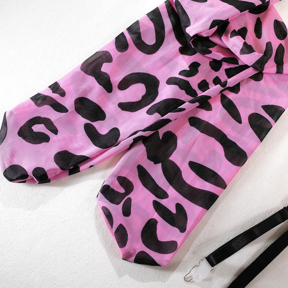 Abstract Print Mesh Five-Piece Lingerie Set - Garter and Gloves
