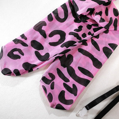 Abstract Print Mesh Five-Piece Lingerie Set - Garter and Gloves