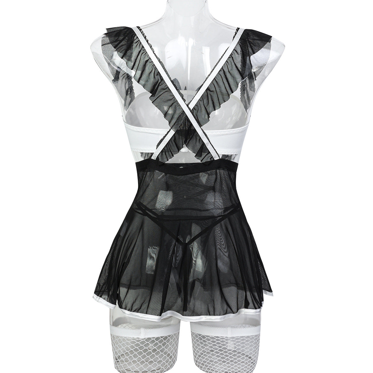 Black mesh babydoll lingerie with crossed ribbon bodice, ruffled shoulders, and skirt.