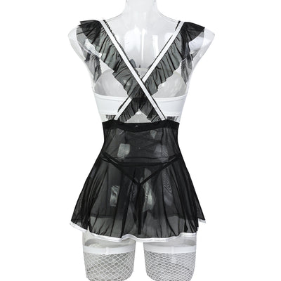 Black mesh babydoll lingerie with crossed ribbon bodice, ruffled shoulders, and skirt.