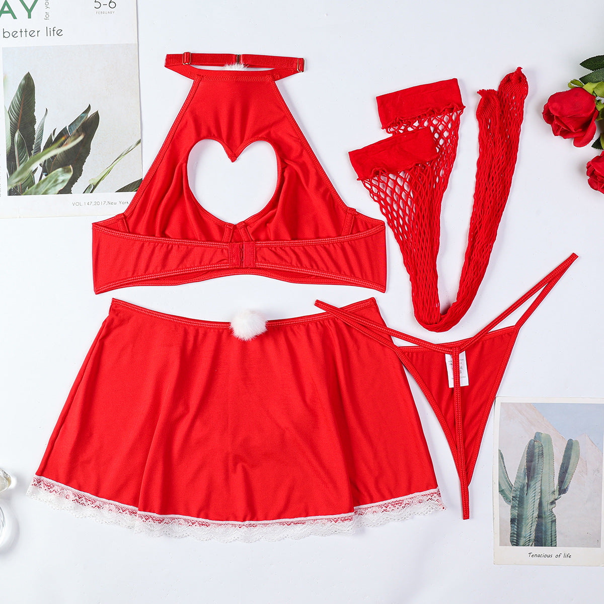 Red Heart Cutout Christmas Lingerie - Lace Trim Mini Skirt Set