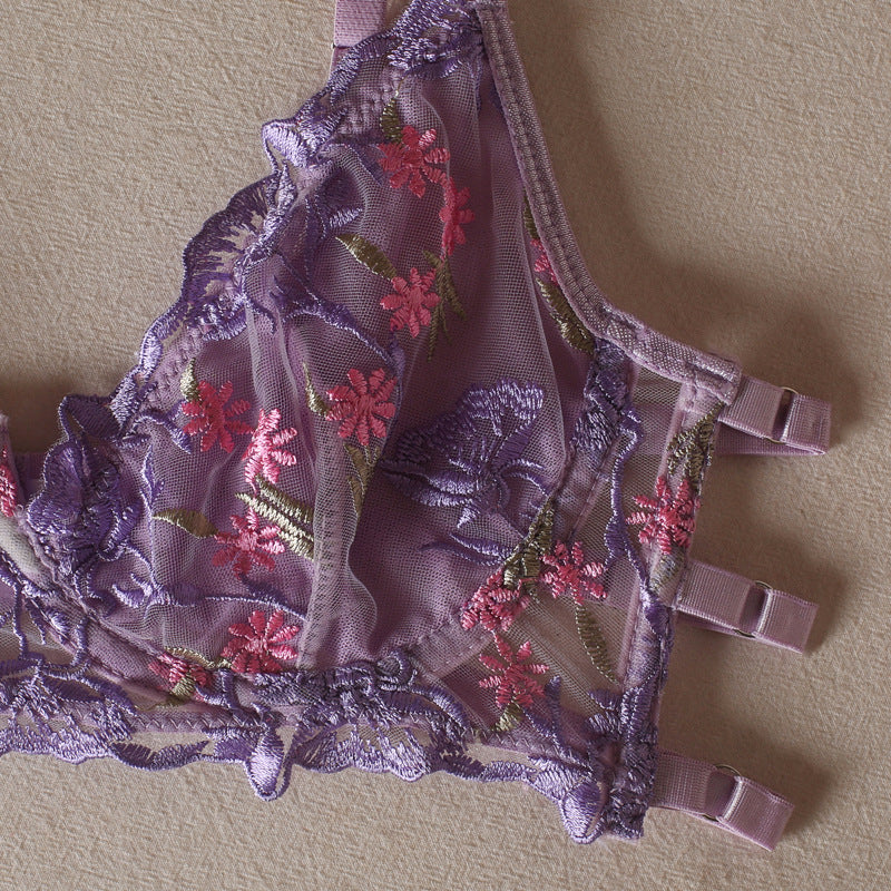 Lilac floral embroidered lace bra with scalloped edges and adjustable shoulder straps