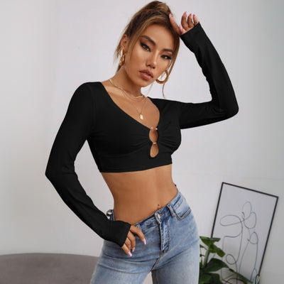 European and American sexy T-shirt ultra short crop exposed long sleeved top