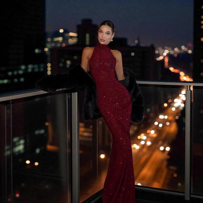 Mock Neck Sequin Prom Dress - Sleeveless Bodycon Gown