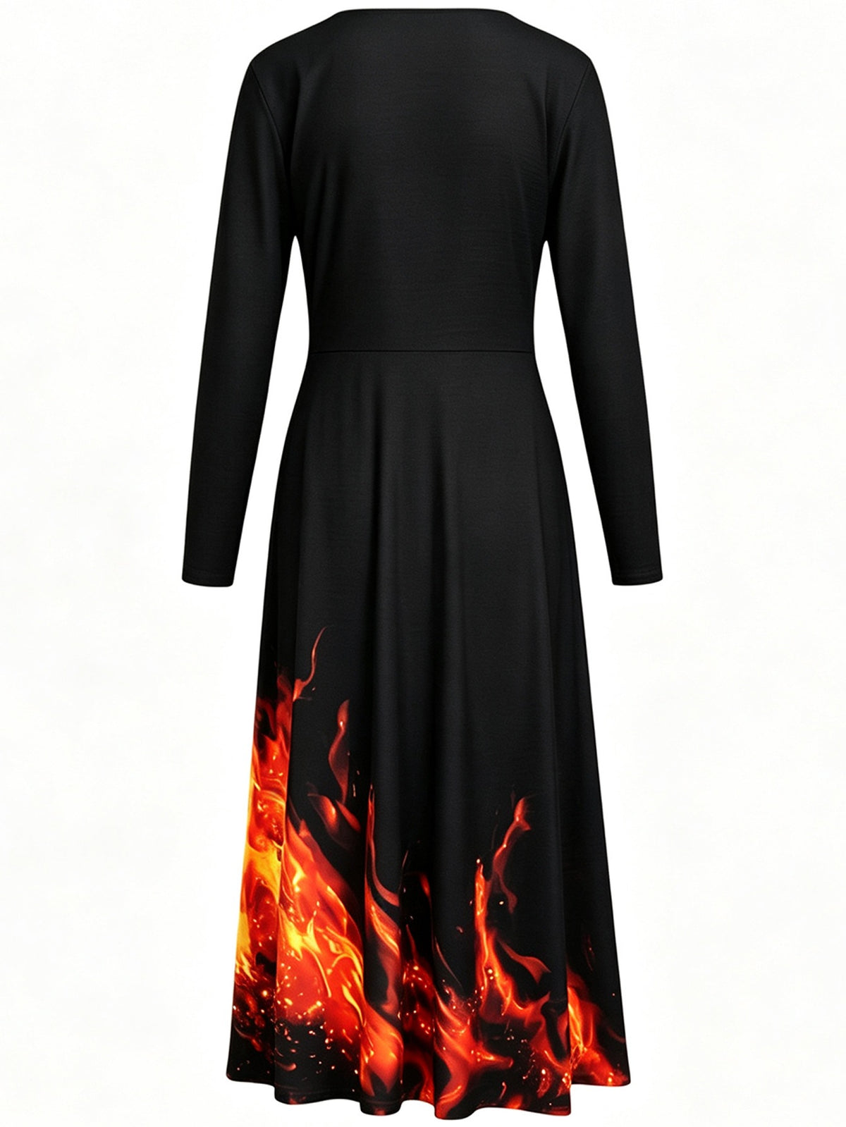 Black long-sleeve midi dress with flame graphic hem