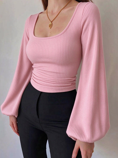 Pink ribbed knit square-neck long-sleeve lantern top, ruched slim fit