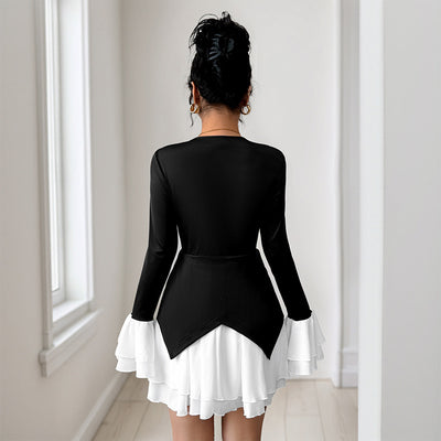 Elegant Color Block Long Sleeve Pleated Ruffle Trim Mini Dress