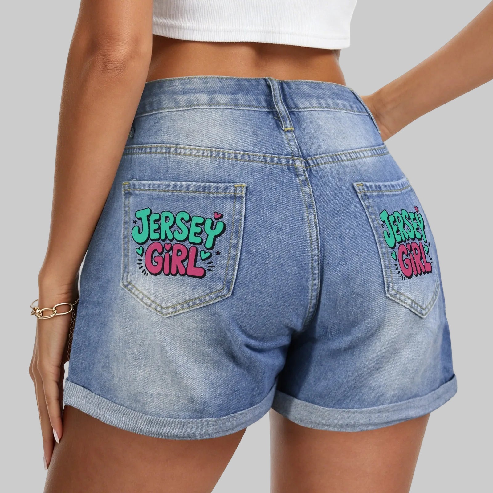 Light Wash Jersey Girl Denim Shorts - Graphic Pocket Print
