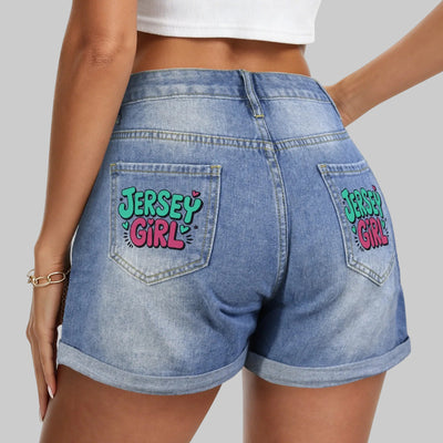 Light Wash Jersey Girl Denim Shorts - Graphic Pocket Print
