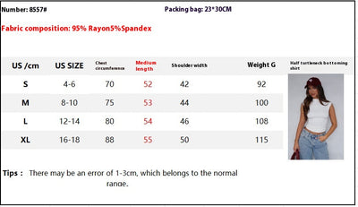 Size chart for ruched mock neck sleeveless tank top with measurements
