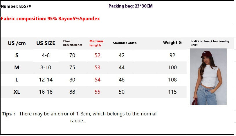 Size chart for ruched mock neck sleeveless tank top with measurements