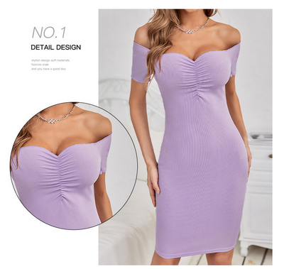 Lilac off-shoulder ruched bust dress with short sleeves, textured fabric close-up