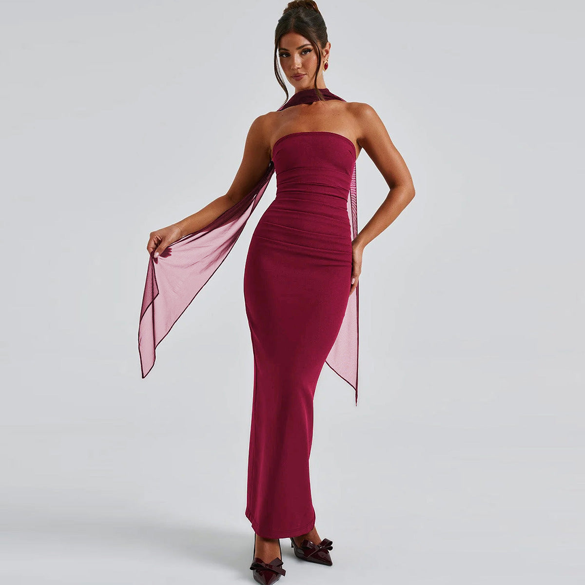 Scarf Tie Strapless Maxi Dress - Column Gown with Mesh Gloves