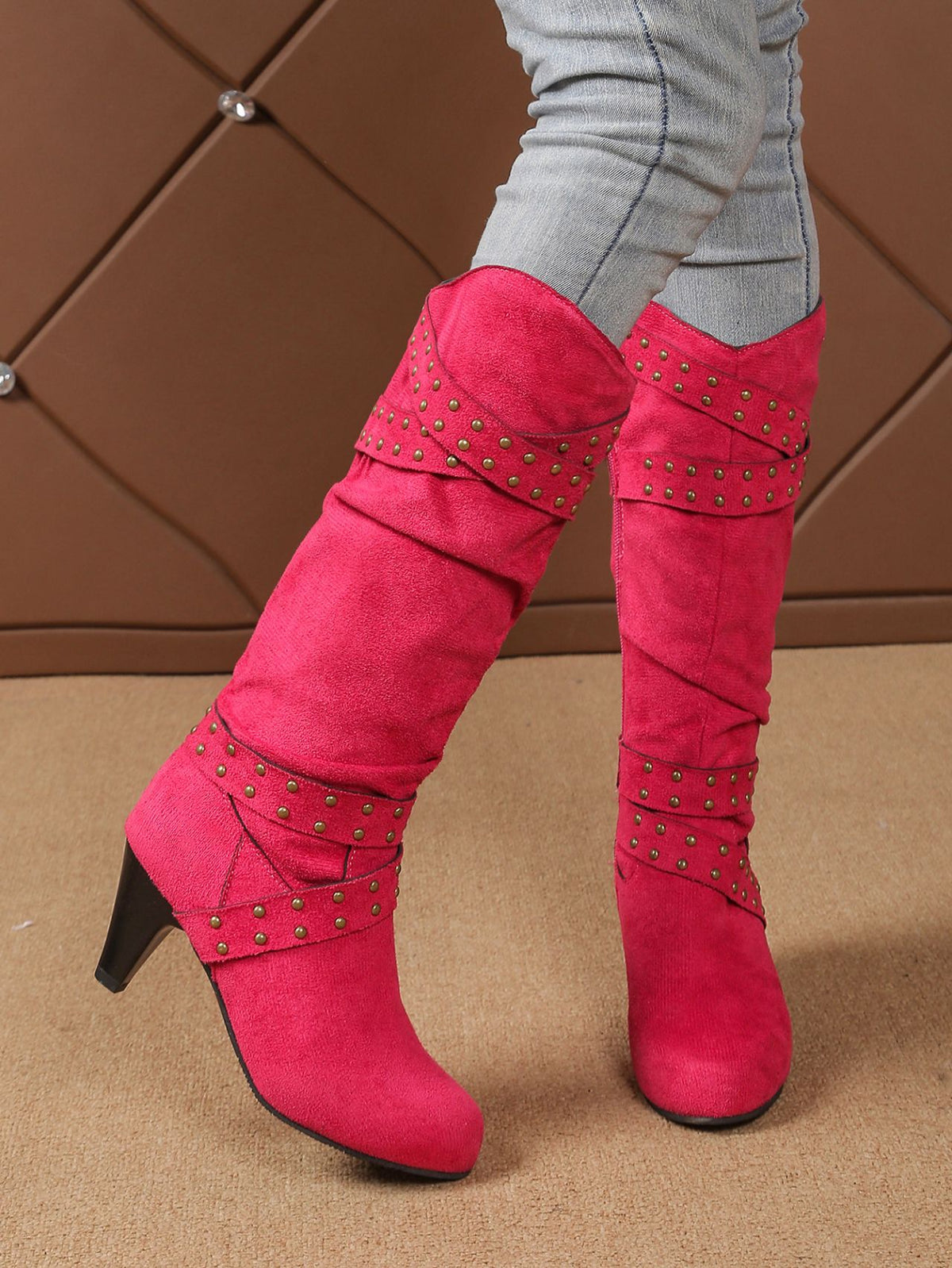 Rose red tall western boots with studded strap bands and side zipper