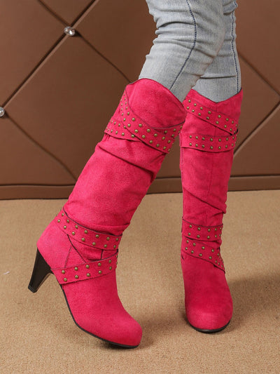 Rose red tall western boots with studded strap bands and side zipper