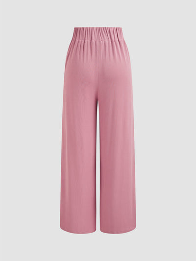 Pink V-Neck Crop Top Wide Leg Pants Set - Pleated Shoulder