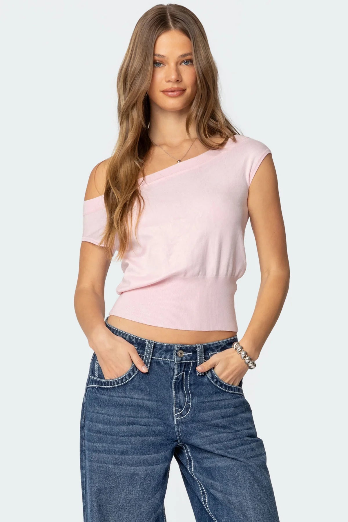 Asymmetric Shoulder Crop Top - Draped Front and Fitted Waist