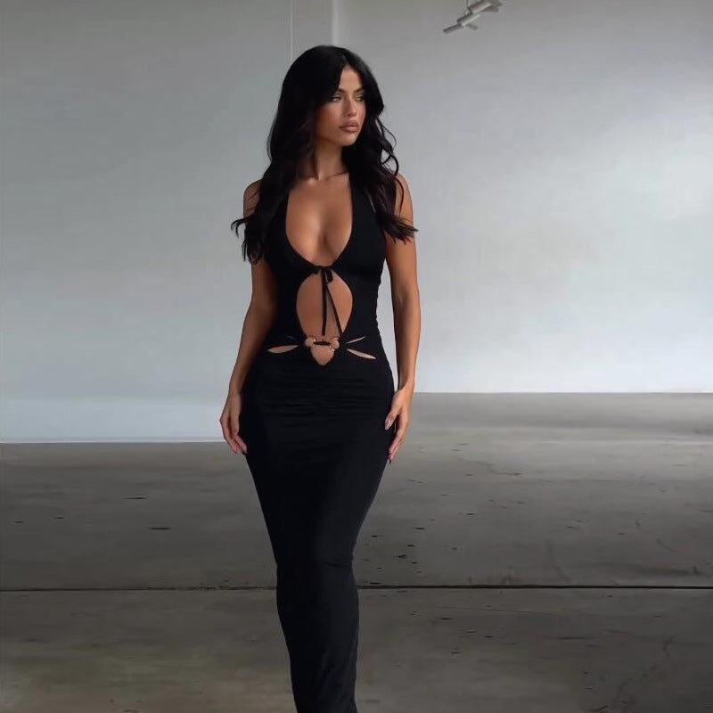 Black sleeveless slim dress with deep V neckline and chest tie cutout