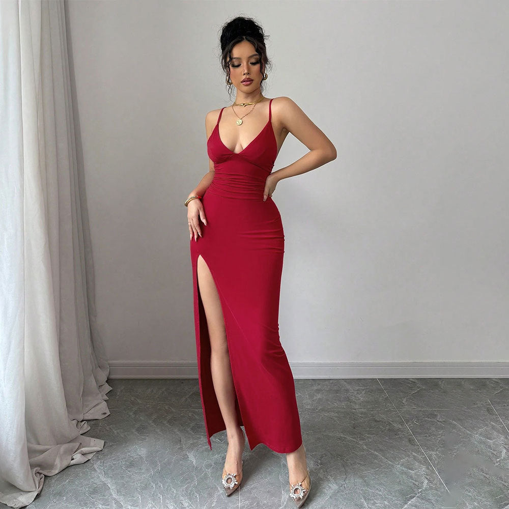 Red Spaghetti Strap Maxi Dress - Deep V Ruched Slit