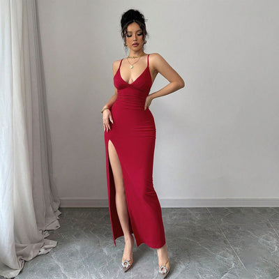 Red Spaghetti Strap Maxi Dress - Deep V Ruched Slit