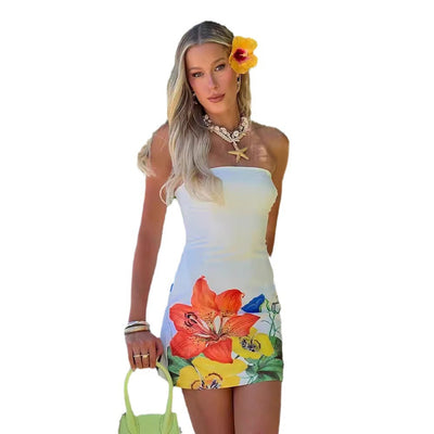 Strapless Floral Mini Dress - White Bodycon Style