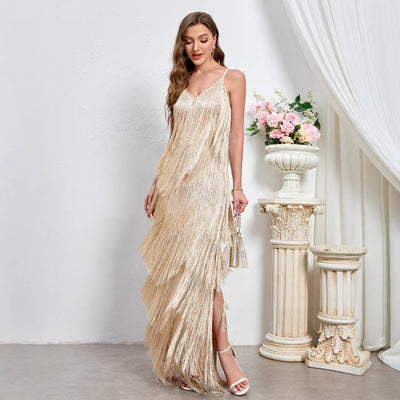 Apricot fringe evening gown with plunging V-neck and high side slit, sleeveless