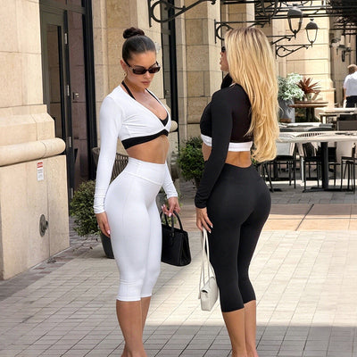 Three-Piece Capri Activewear Set - V-Neck Top and Halter Bra