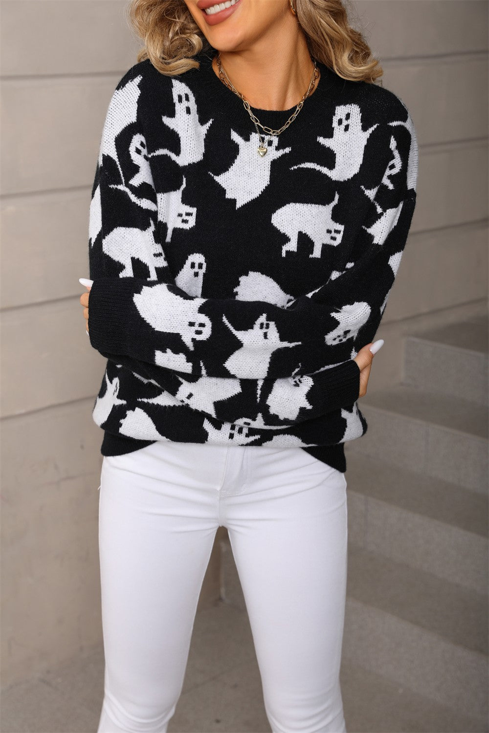 Halloween Ghost Sweater - Ribbed Crewneck Knit Pullover