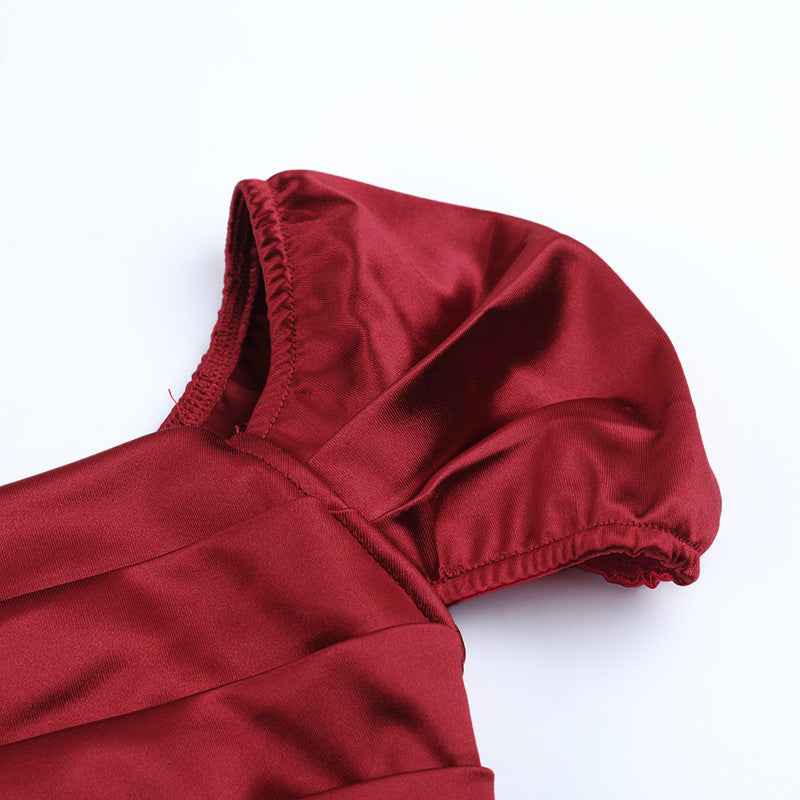 Satin Maxi Dress - Deep Red Off Shoulder High Slit