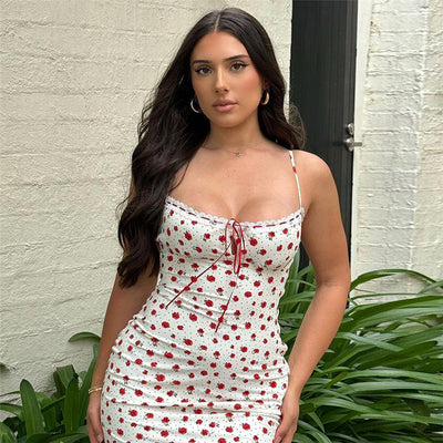 White Strawberry Print Maxi Dress - Sweetheart Lace Trim Tie-Front