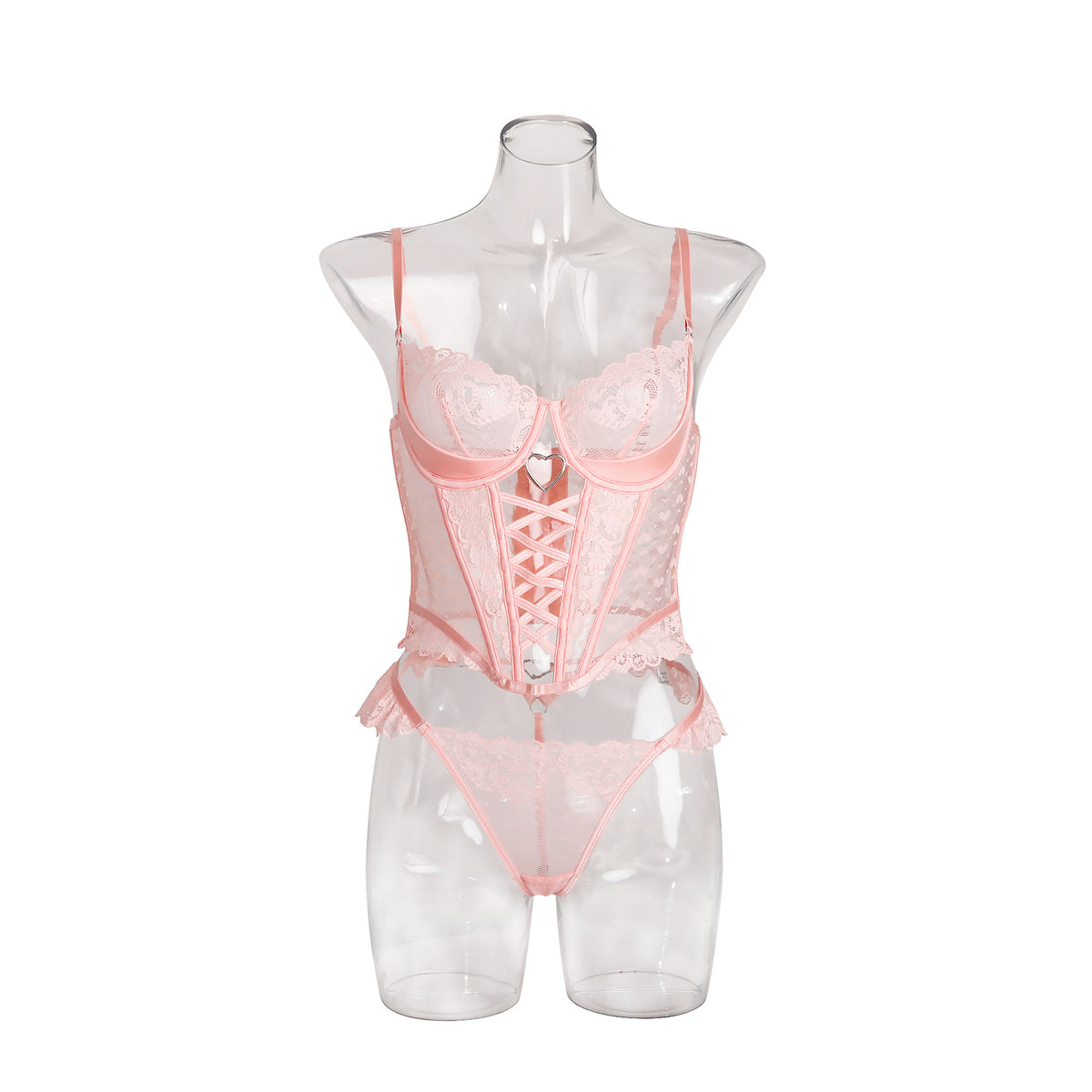 Pink Lace Lingerie Set - Heart Ring And Crisscross Front
