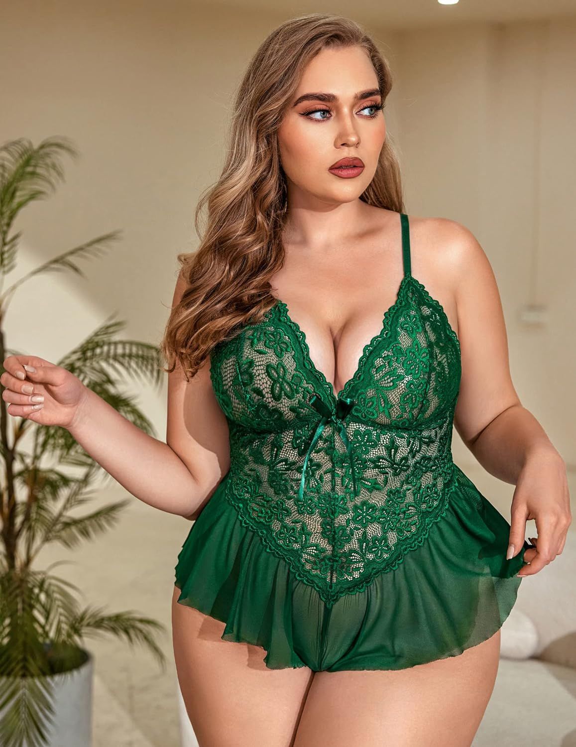 Plus Size Lace Lingerie Romper - Deep V-Neck Ruffle Hem