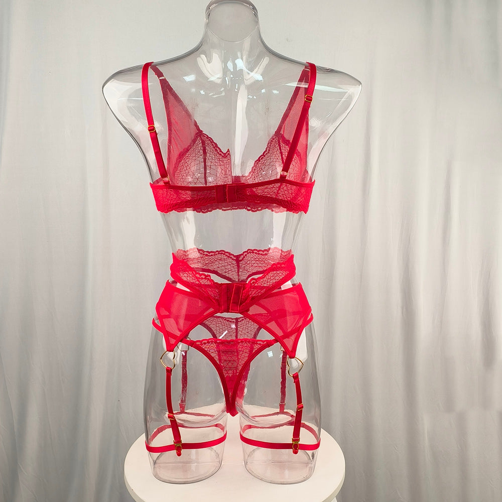 Red Lace Lingerie Set - Sheer Cups And Garter Straps