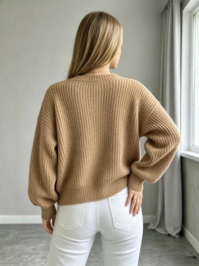 Caramel knit cardigan with open back and balloon sleeves, ribbed knit fabric