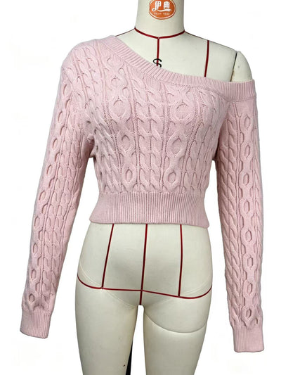 Pink Off-Shoulder Crop Sweater - Cable Knit Ribbed Trim