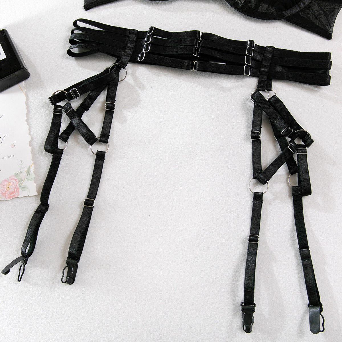 Mesh Garter Lingerie Set - Cross Straps And Ring Details