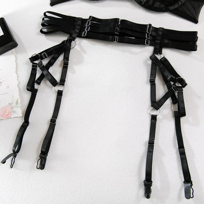 Mesh Garter Lingerie Set - Cross Straps And Ring Details
