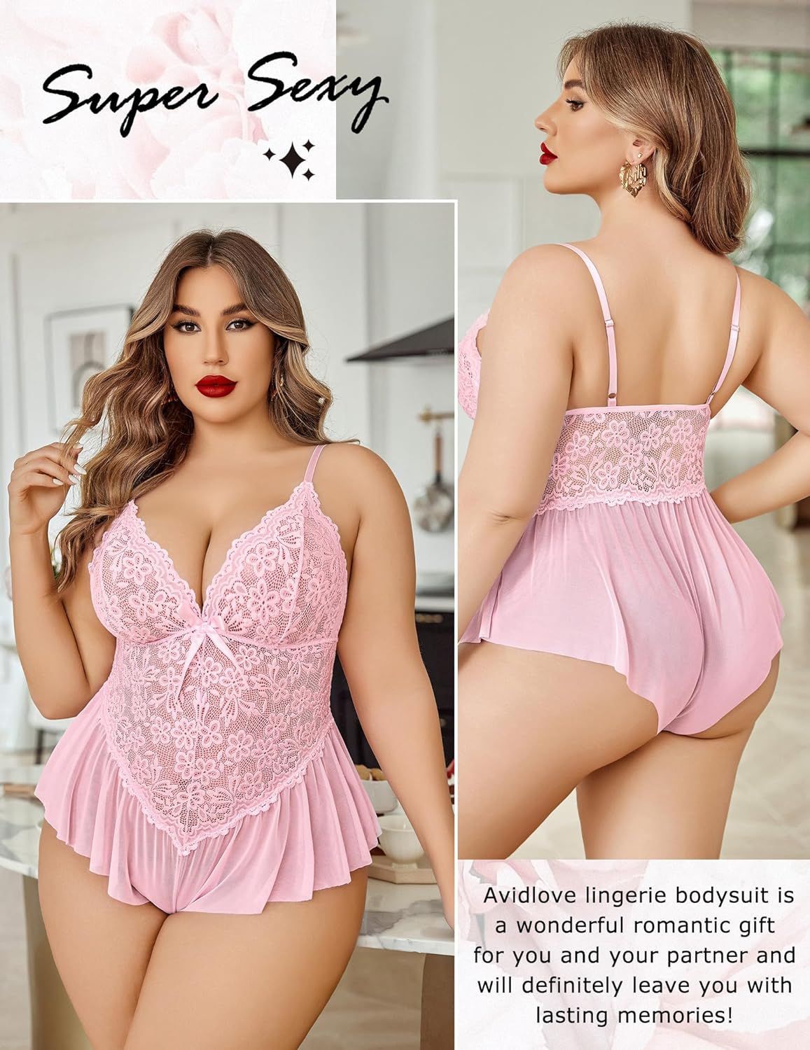 Plus Size Lace Lingerie Romper - Deep V-Neck Ruffle Hem